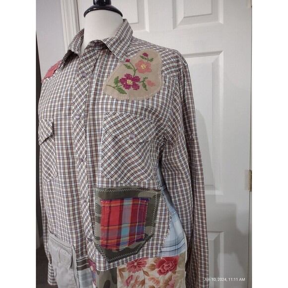 Custom Western Shirt Upcycled Funky Boho Patchwork Cottage Shabby Chic Shacket - Picture 2 of 10